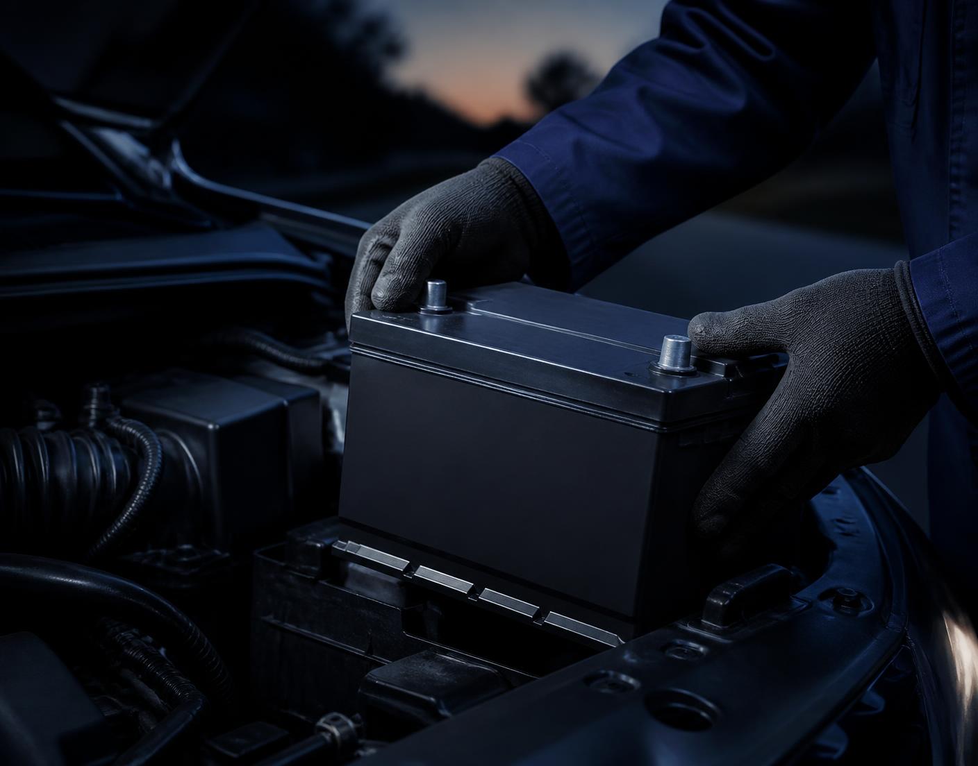 Técnico instalando uma bateria automotiva no motor de um veículo